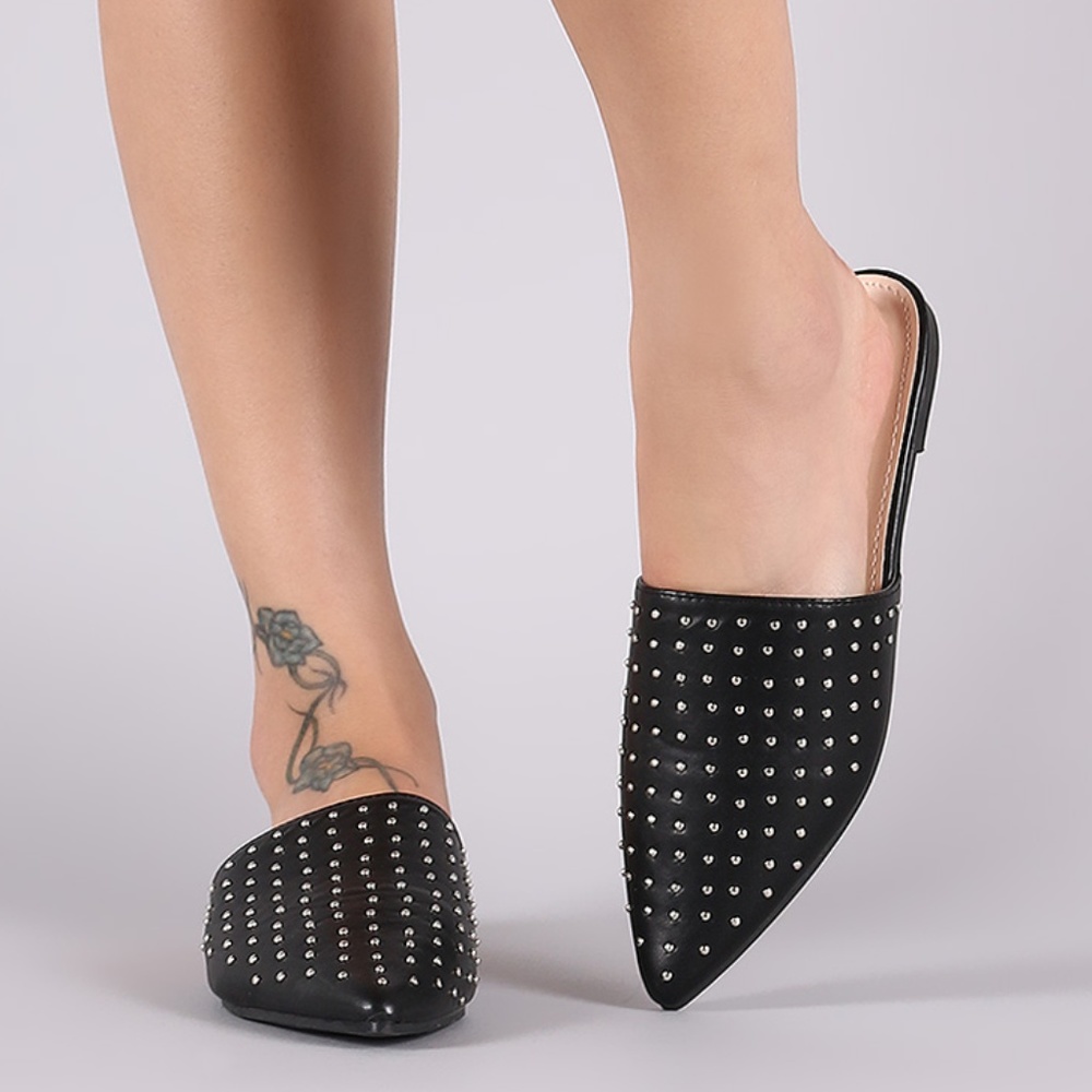 Studded Vegan Leather Pointy Toe Mule Flats Black - Picture 5 of 5